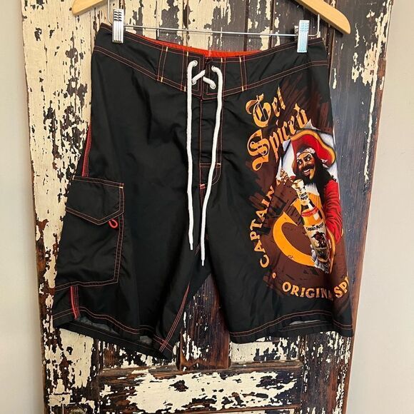 Captain Morgan Swim Trunks Mens 30 Black Orange Graphic Print Board Shrots Cargo - Picture 1 of 9